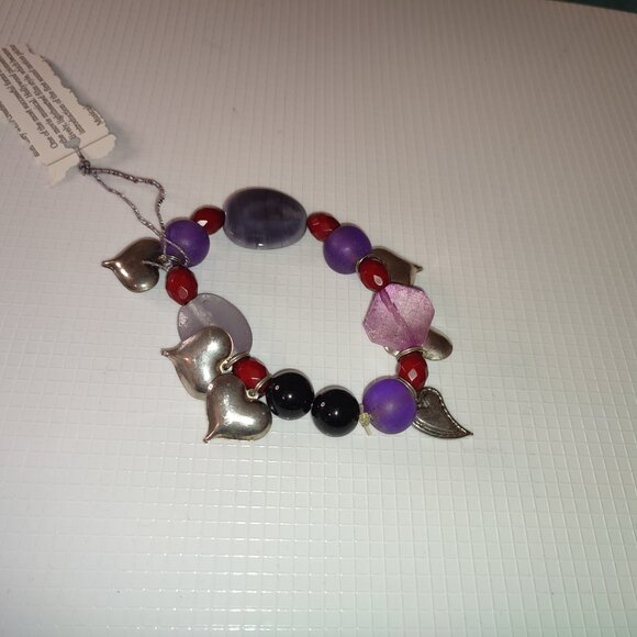 Large Bracelet Purple and Red Beads Handmade Vintage Hearts Charms - Picture 5 of 6